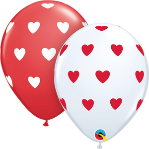 11 Inch Round White & Red Big Hearts Qualatex Printed Latex Balloons UNINFLATED
