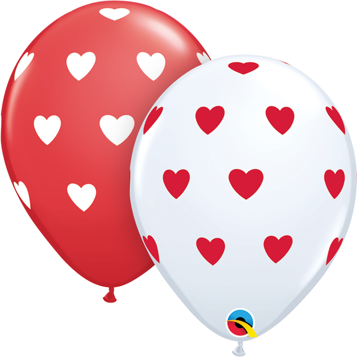 11 Inch Round White & Red Big Hearts Qualatex Printed Latex Balloons UNINFLATED