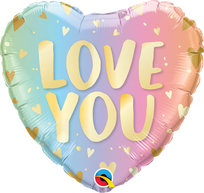 45cm Heart Foil Love You Pastel Ombre & Hearts Balloon UNINFLATED