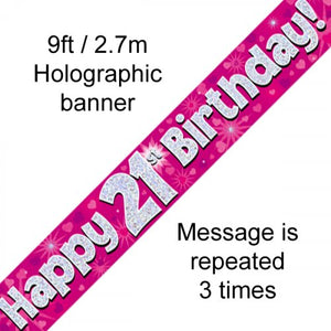 Pink Holographic 21st Happy Birthday Foil Banner