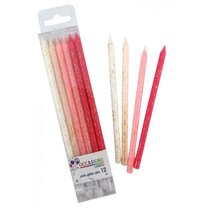 Pinks Glitter Slim Candles 120mm with Holders