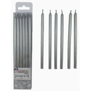 Silver Metallic Slim Candles 120mm with Holders