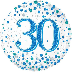 45cm Sparkling Fizz  Blue 30th Birthday Round Foil Balloon UNINFLATED
