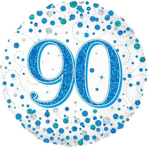 45cm Sparkling Fizz  Blue 90th Birthday Round Foil Balloon UNINFLATED