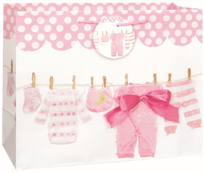 BABY BOW CLOTHESLINE PINK LARGE GIFT BAG