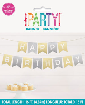 GOLD & SILVER "HAPPY BIRTHDAY" FLAG BANNER 16' (4.87M)