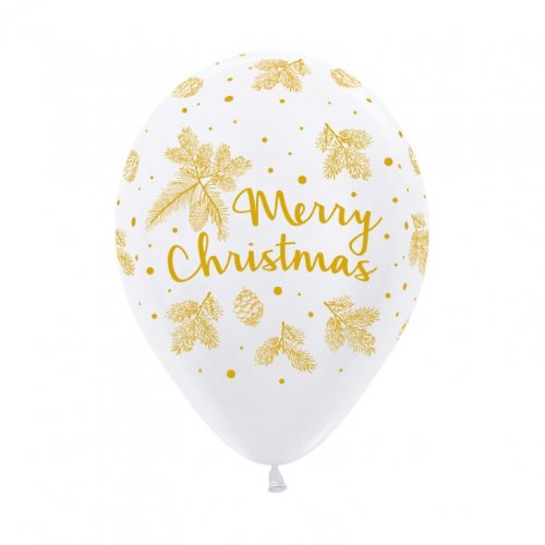 11 Inch Printed Gold & White Christmas Evergreen Qualatex Latex Balloon UNINFLATED