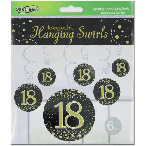 Hanging Swirl Sparkling Fizz 18 Happy Birthday Black/Gold Decoration Pack 6