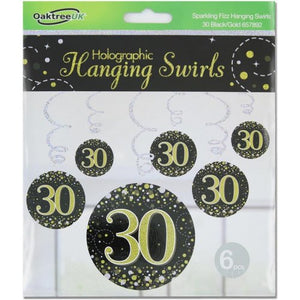 Hanging Swirl Sparkling Fizz 30 Happy Birthday Black/Gold Decoration Pack 6