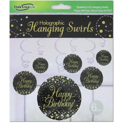 Hanging Swirl Sparkling Fizz Happy Birthday Black/Gold Decoration Pack 6