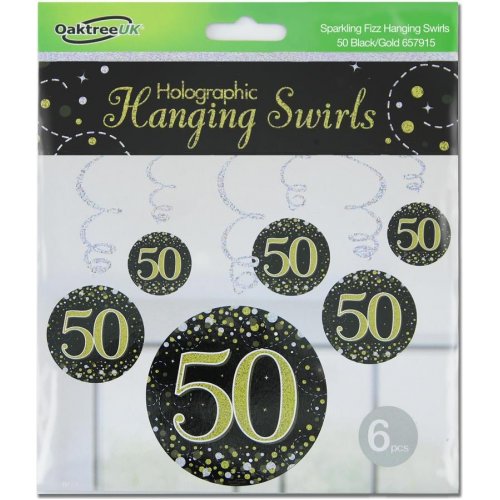 Hanging Swirl Sparkling Fizz 50 Happy Birthday Black/Gold Decoration Pack 6