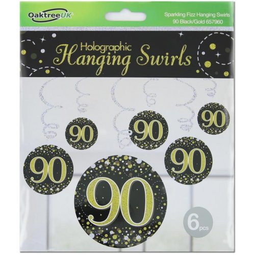 Hanging Swirl Sparkling Fizz 90 Happy Birthday Black/Gold Decoration Pack 6