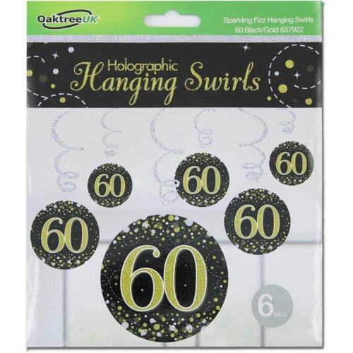 Hanging Swirl Sparkling Fizz 60 Happy Birthday Black/Gold Decoration Pack 6