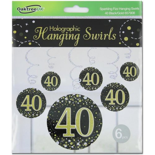 Hanging Swirl Sparkling Fizz 40 Happy Birthday Black/Gold Decoration Pack 6