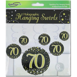Hanging Swirl Sparkling Fizz 70 Happy Birthday Black/Gold Decoration Pack 6