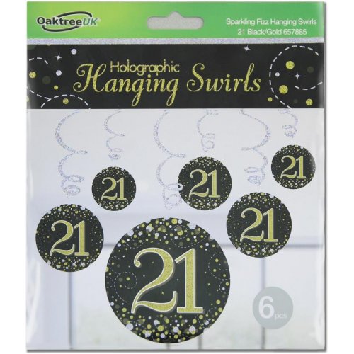 Hanging Swirl Sparkling Fizz 21 Happy Birthday Black/Gold Decoration Pack 6