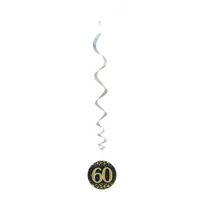 Hanging Swirl Sparkling Fizz 60 Happy Birthday Black/Gold Decoration Pack 6