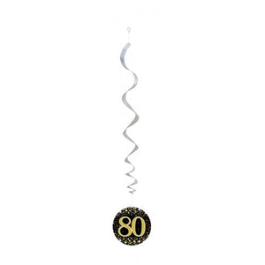 Hanging Swirl Sparkling Fizz 80 Happy Birthday Black/Gold Decoration Pack 6