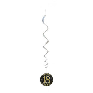 Hanging Swirl Sparkling Fizz 18 Happy Birthday Black/Gold Decoration Pack 6
