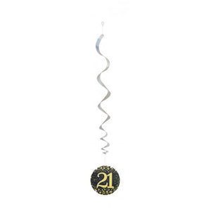 Hanging Swirl Sparkling Fizz 21 Happy Birthday Black/Gold Decoration Pack 6