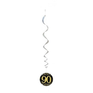 Hanging Swirl Sparkling Fizz 90 Happy Birthday Black/Gold Decoration Pack 6