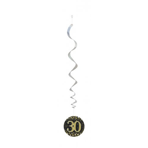 Hanging Swirl Sparkling Fizz 30 Happy Birthday Black/Gold Decoration Pack 6
