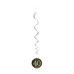 Hanging Swirl Sparkling Fizz 40 Happy Birthday Black/Gold Decoration Pack 6