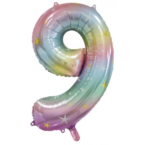 Matt Pastel Rainbow Number 9 Supershape 86cm Foil Balloon UNINFLATED
