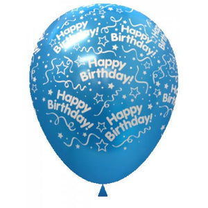 11 Inch Printed Happy Birthday Metallic Blues Sempertex Latex Balloon UNINFLATED
