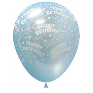11 Inch Printed Happy Birthday Metallic Blues Sempertex Latex Balloon UNINFLATED