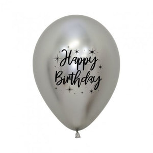 11 Inch Printed Happy Birthday Radiant Reflex Silver Sempertex Latex Balloon UNINFLATED