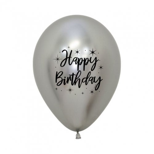11 Inch Printed Happy Birthday Radiant Reflex Silver Sempertex Latex Balloon UNINFLATED