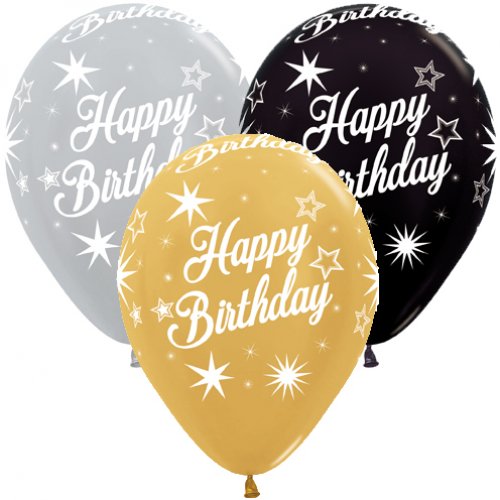11 Inch Printed Happy Birthday Sparkles Metallic Assorted Sempertex Latex Balloon UNINFLATED