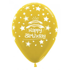 11 Inch Printed Happy Birthday Cake Metallic Assorted Sempertex Latex Balloon UNINFLATED