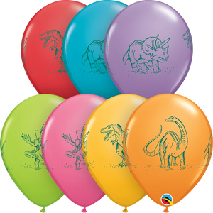 11 Inch Round Assorted Dinosaurs In Action Qualatex Printed Latex Balloons UNINFLATED