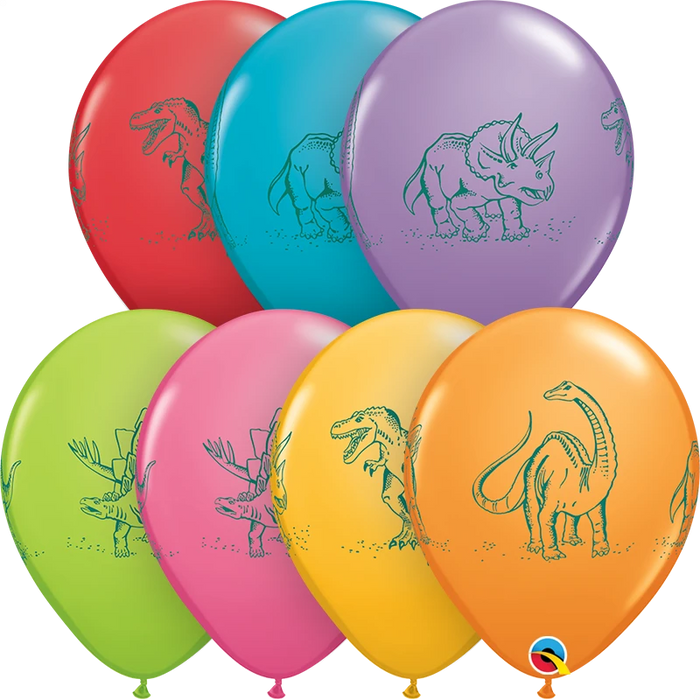 11 Inch Round Assorted Dinosaurs In Action Qualatex Printed Latex Balloons UNINFLATED