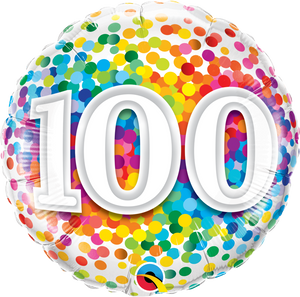 45cm Age 100 Rainbow Confetti Birthday Round Foil Balloon UNINFLATED