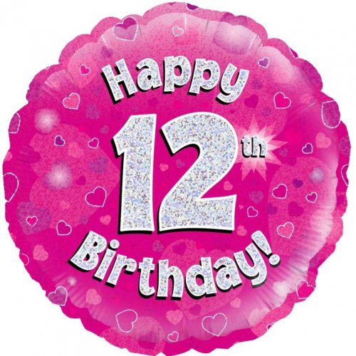 45cm Age 12 Pink Holographic Birthday Round Foil Balloon UNINFLATED