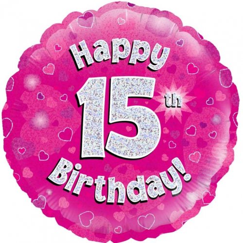 45cm Age 15 Pink Holographic Birthday Round Foil Balloon UNINFLATED