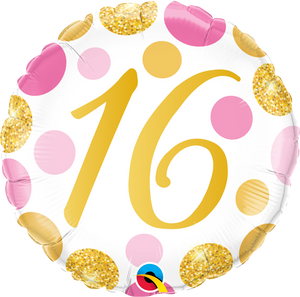 45cm Age 16 Pink & Gold Dots Birthday Round Foil Balloon UNINFLATED