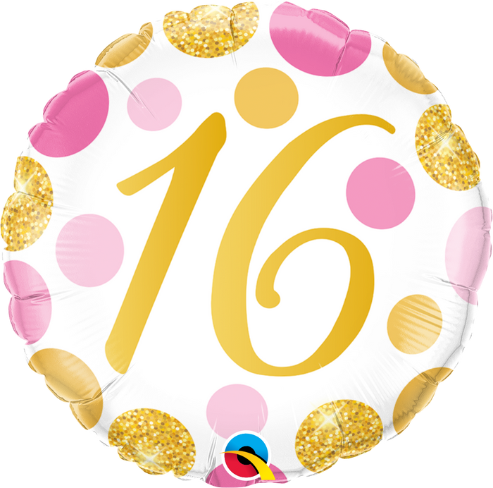 45cm Age 16 Pink & Gold Dots Birthday Round Foil Balloon UNINFLATED