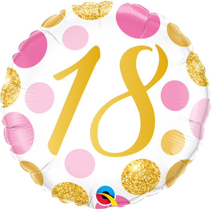 45cm Age 18 Pink & Gold Dots Birthday Round Foil Balloon UNINFLATED