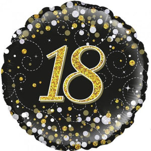 45cm Age 18 Sparkling Fizz Black & Gold Birthday Round Foil Balloon UNINFLATED