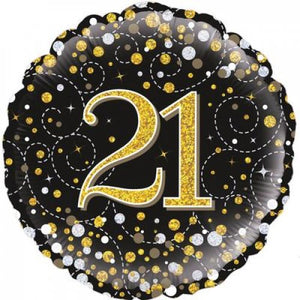 45cm Age 21 Sparkling Fizz Black & Gold Birthday Round Foil Balloon UNINFLATED