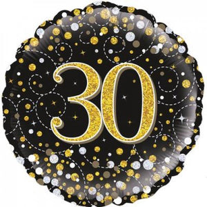 45cm Age 30 Sparkling Fizz Black & Gold Birthday Round Foil Balloon UNINFLATED