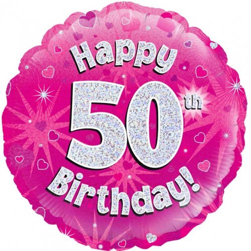 45cm Age 50 Pink Holographic Birthday Round Foil Balloon UNINFLATED