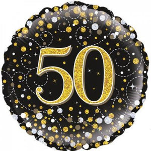 45cm Age 50 Sparkling Fizz Black & Gold Birthday Round Foil Balloon UNINFLATED
