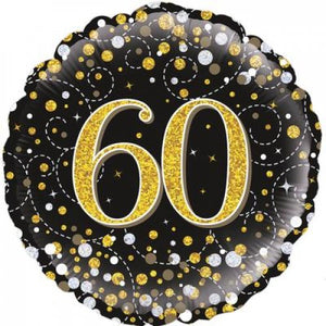 45cm Age 60 Sparkling Fizz Black & Gold Birthday Round Foil Balloon UNINFLATED