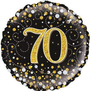 45cm Age 70 Sparkling Fizz Black & Gold Birthday Round Foil Balloon UNINFLATED