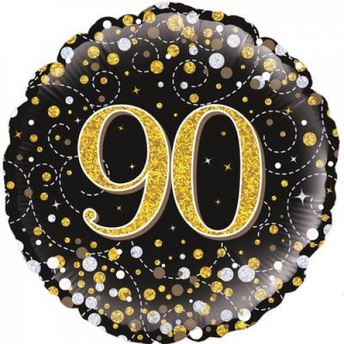 45cm Age 90 Sparkling Fizz Black & Gold Birthday Round Foil Balloon UNINFLATED